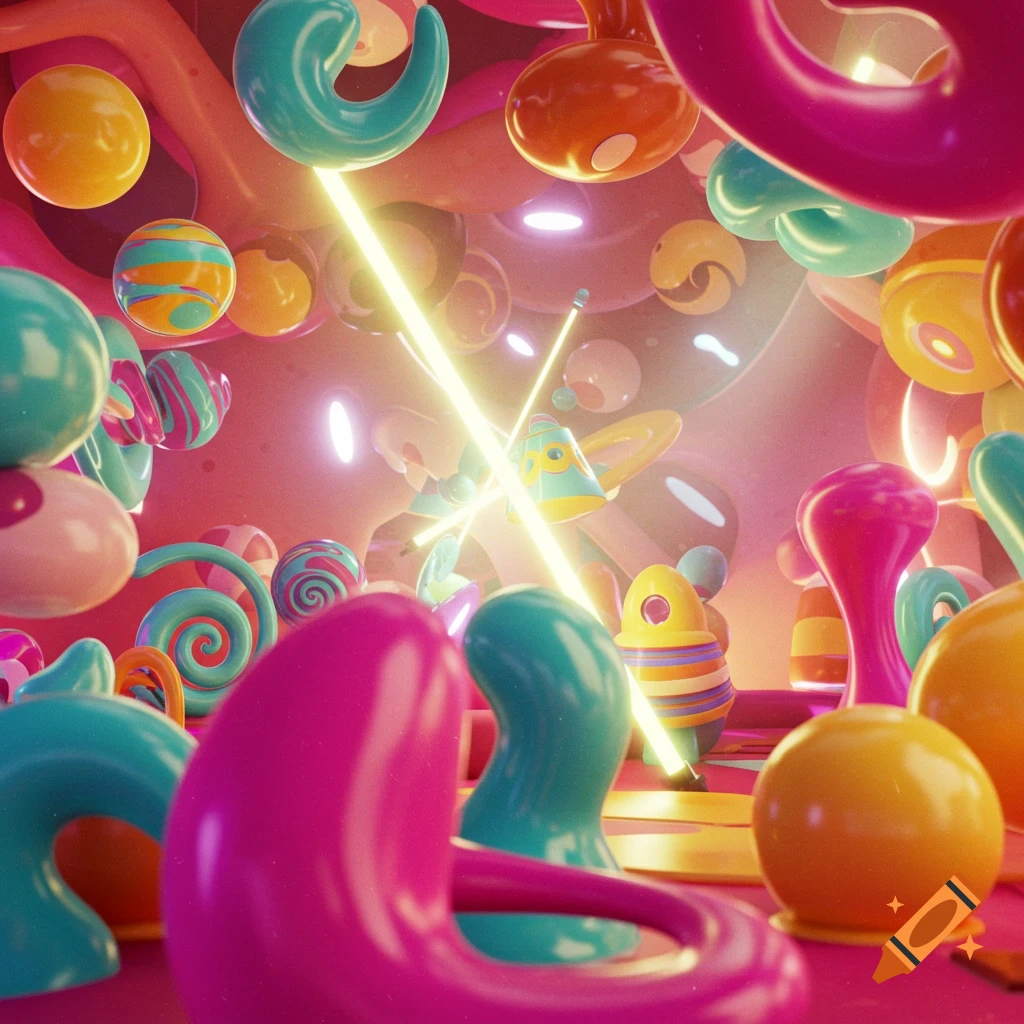 A vibrant 3D rendered abstract landscape filled with shiny, colorful, candy-like shapes in shades of pink, teal, orange, and yellow, with glowing light beams.