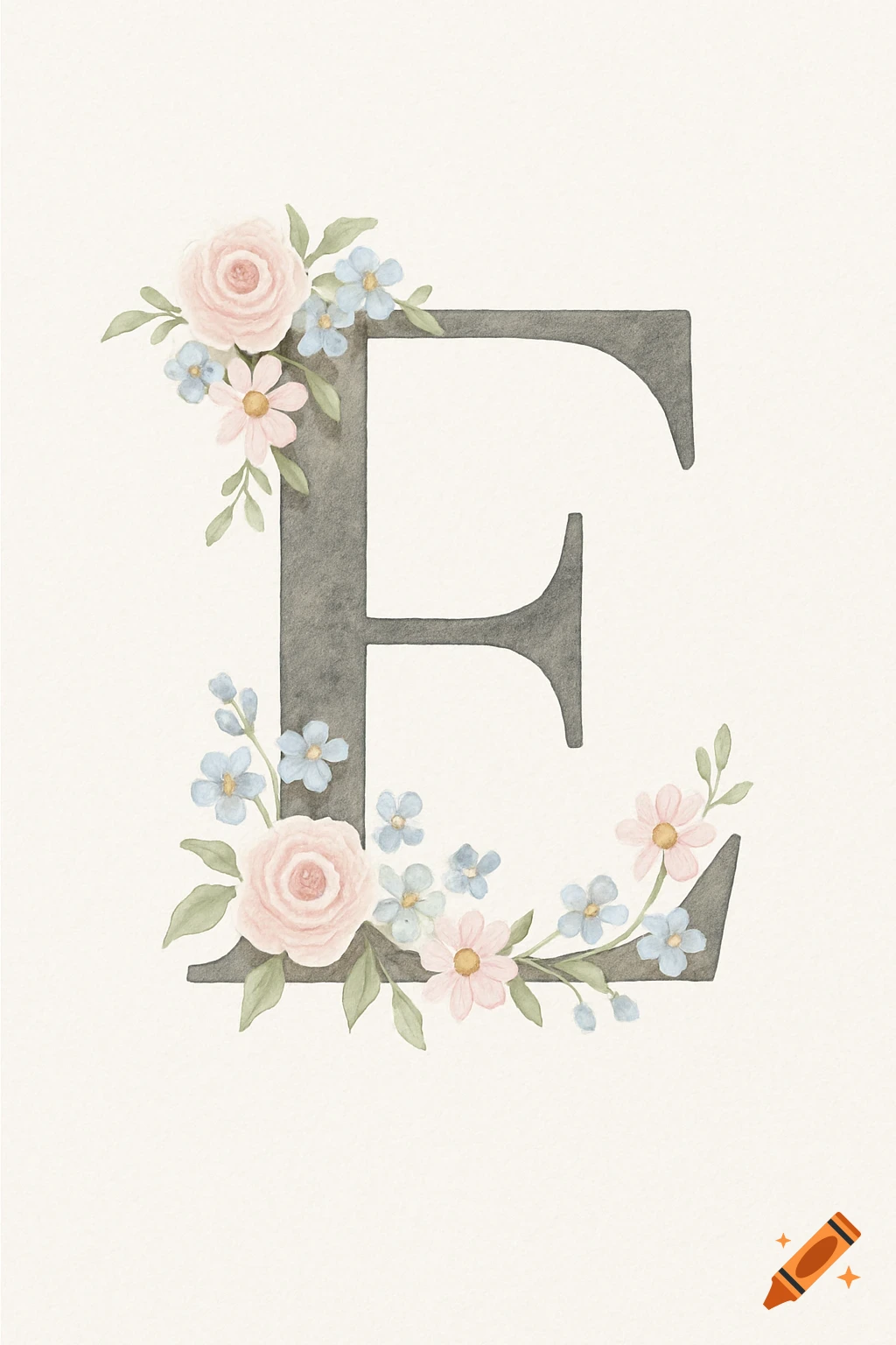 Dark gray watercolor capital letter E adorned with pink roses and light blue and pink flowers on a light background.
