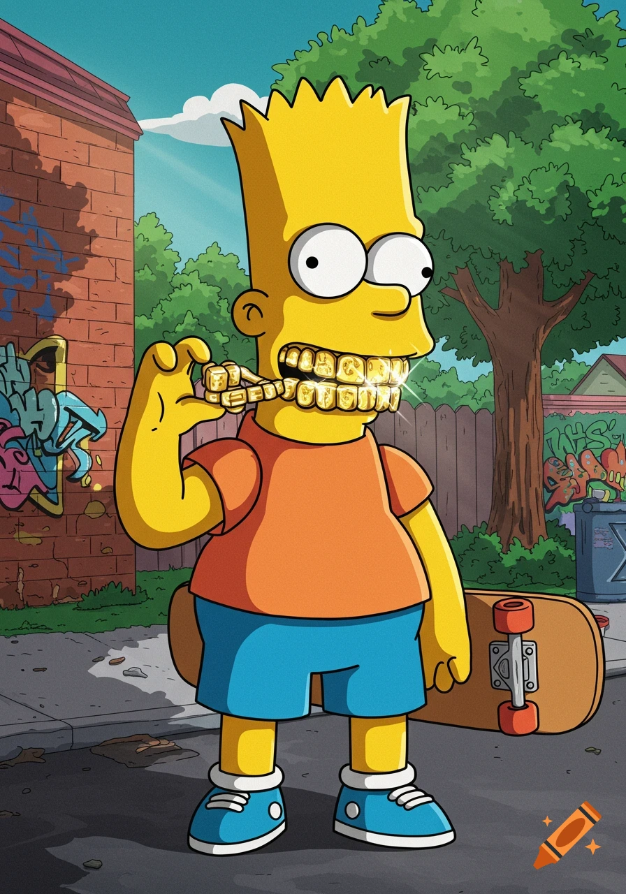 Bart Simpson with gold grills and a skateboard, standing on a street with graffiti on a brick wall.