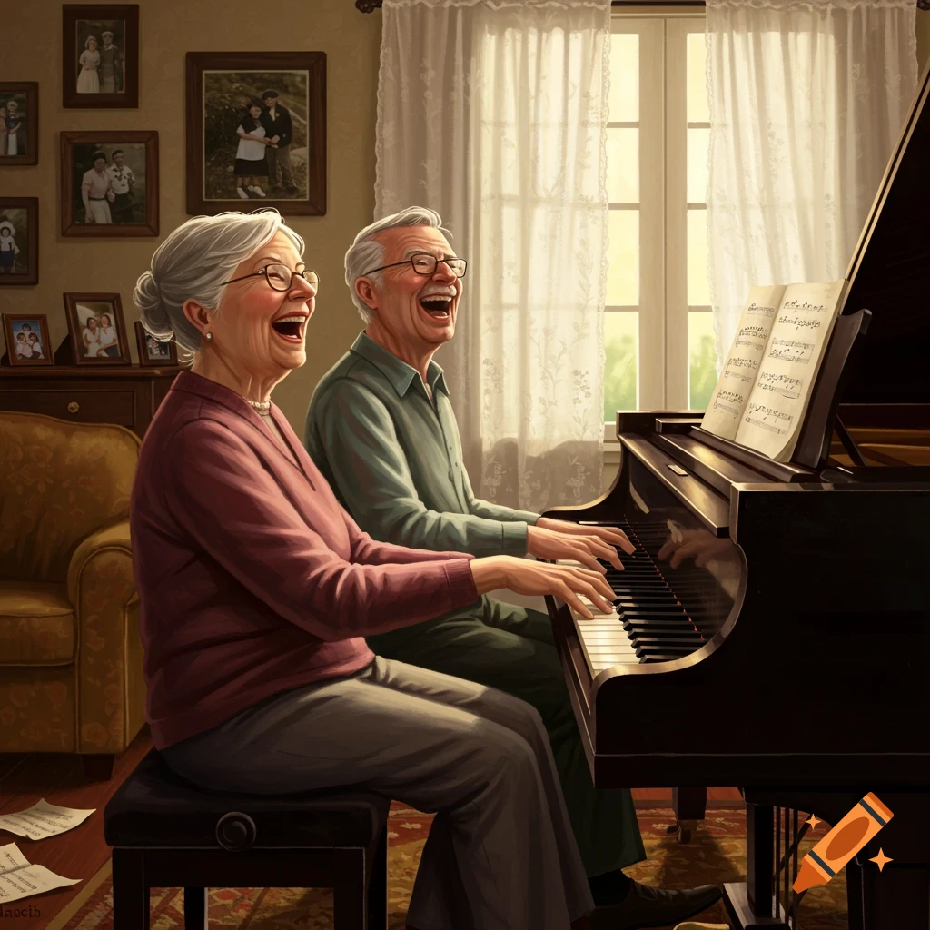 An elderly couple with gray hair laughs joyfully while playing a grand piano in a cozy, sunlit living room filled with framed photos.