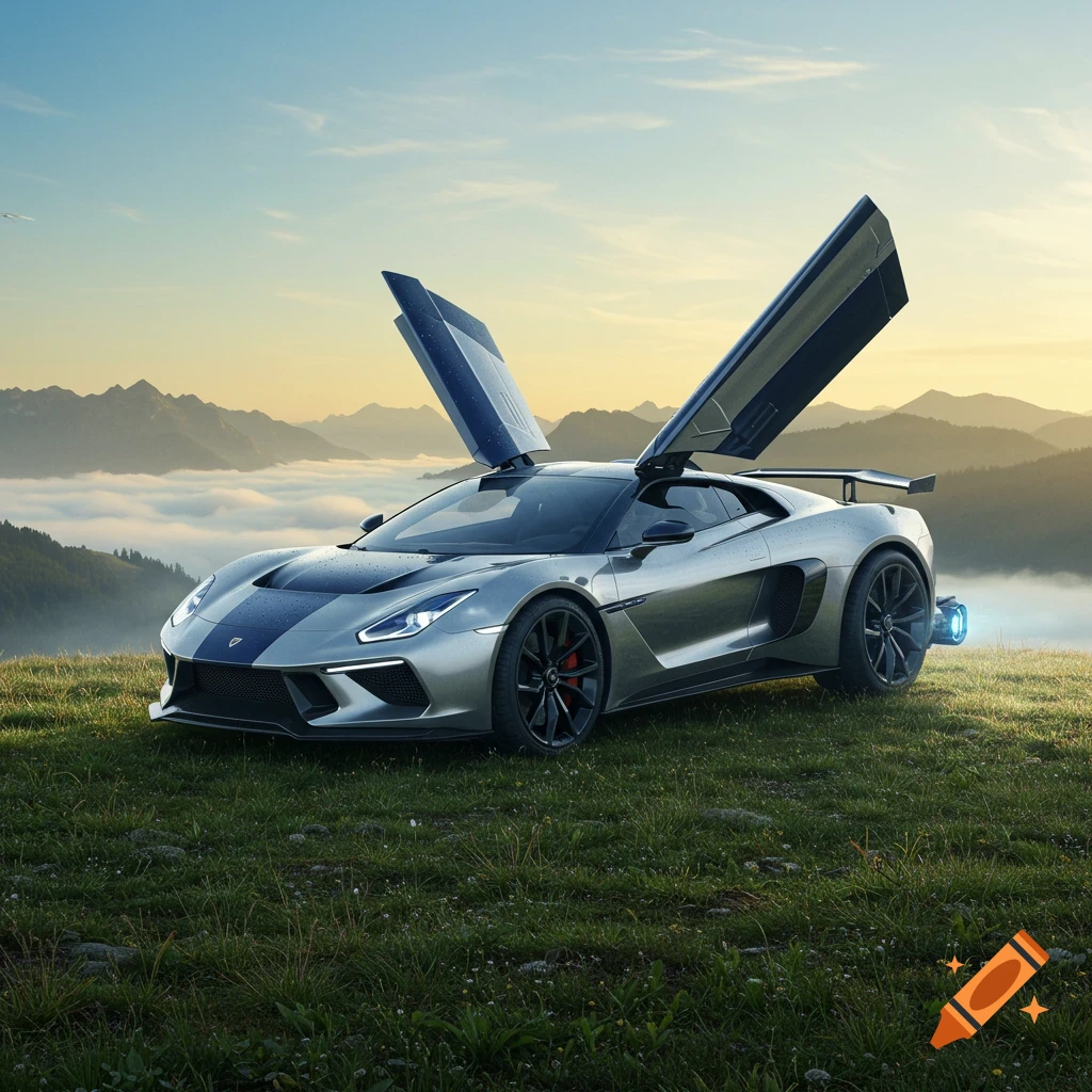 A silver futuristic sports car with open 'wing' doors on a grassy hill overlooking a mountain range and clouds at sunset.