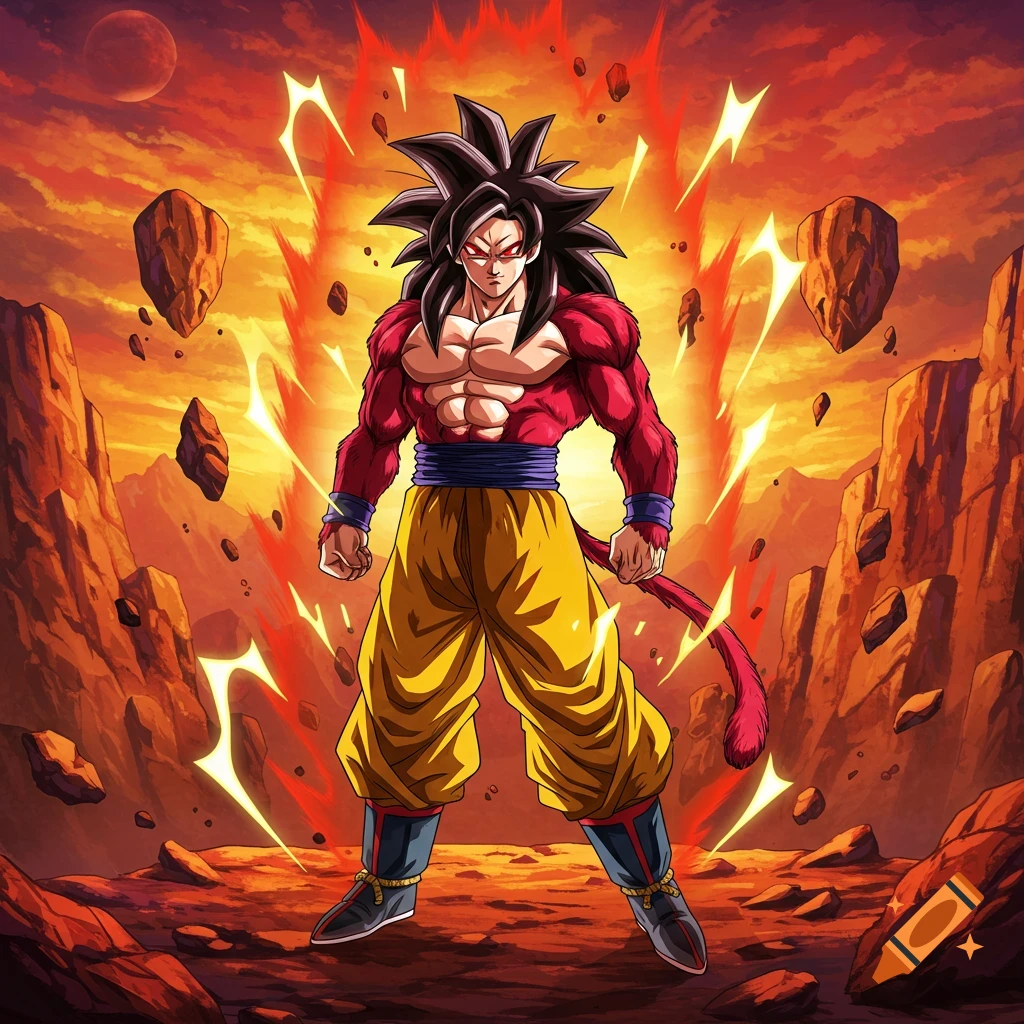 Goku Super Saiyan 4 standing powerfully in a desolate, fiery landscape with floating rocks and a red sky, anime style.