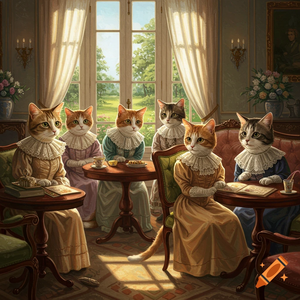 Six anthropomorphic cats in ruffled collars and elegant period dresses are seated in a well-lit formal parlor, painted in a classical style.