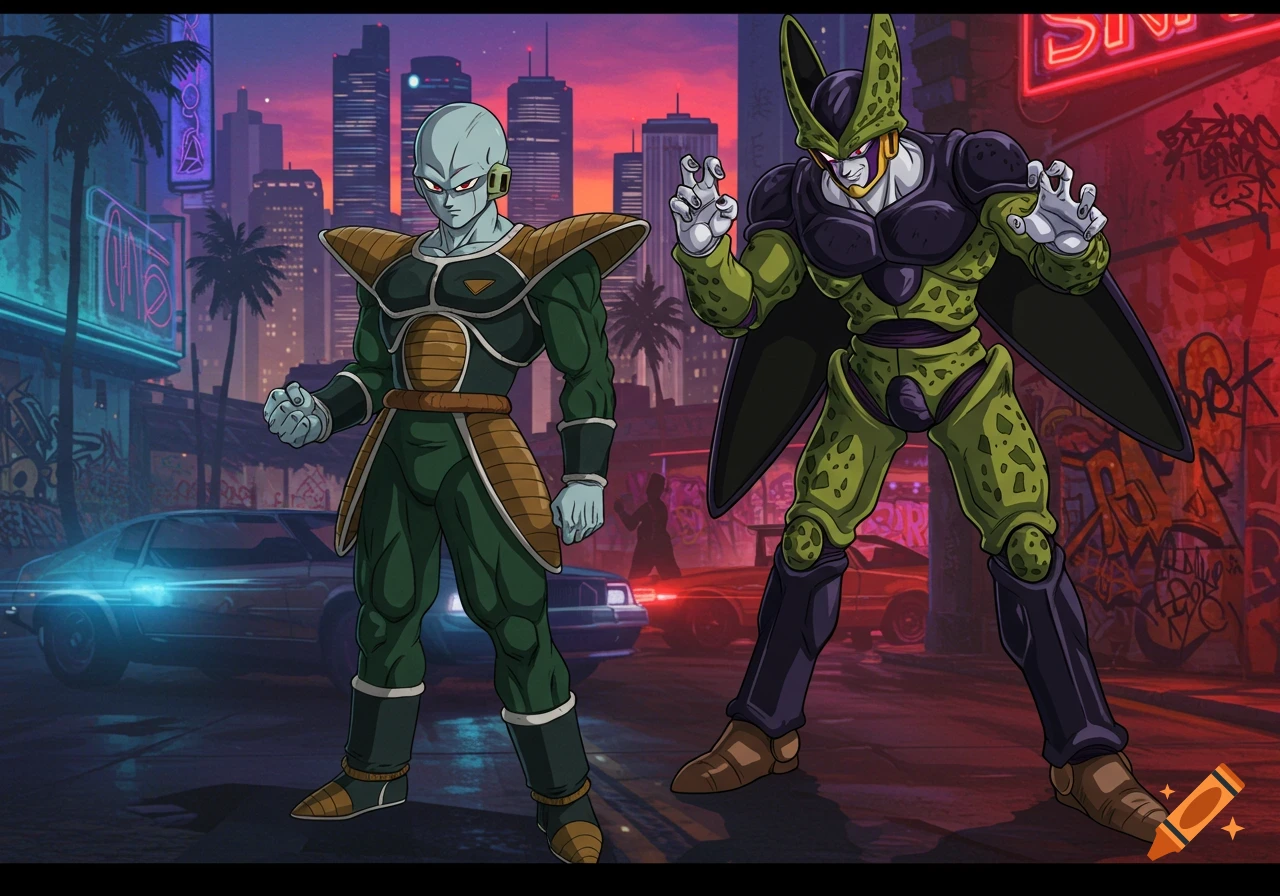 Dragon Ball Z characters Frieza and Cell in an urban street at night with neon signs and graffiti, in a Grand Theft Auto inspired art style.