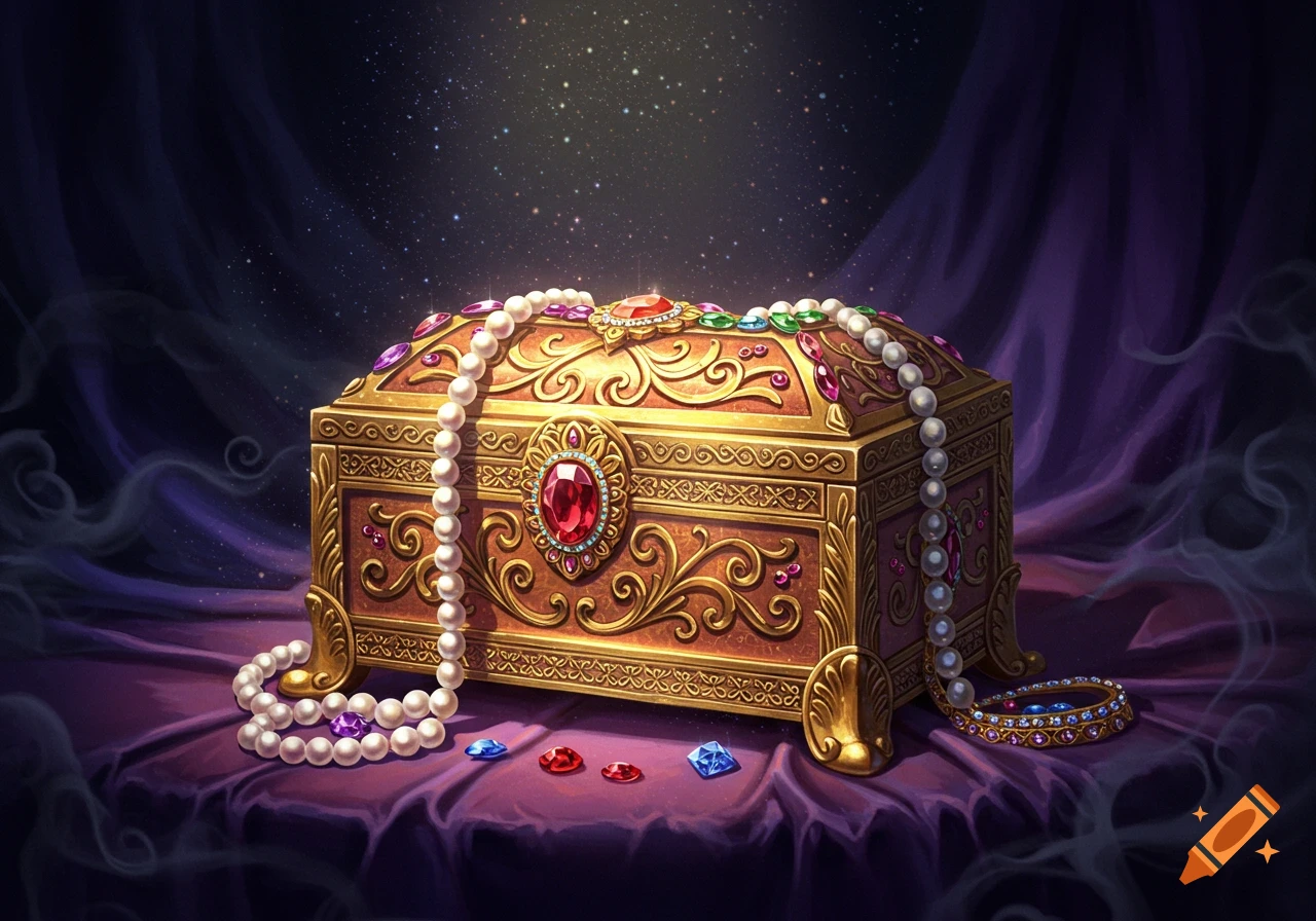 An ornate golden treasure chest adorned with pearls, rubies, and colorful gems, sitting on a purple cloth under a starry night sky.