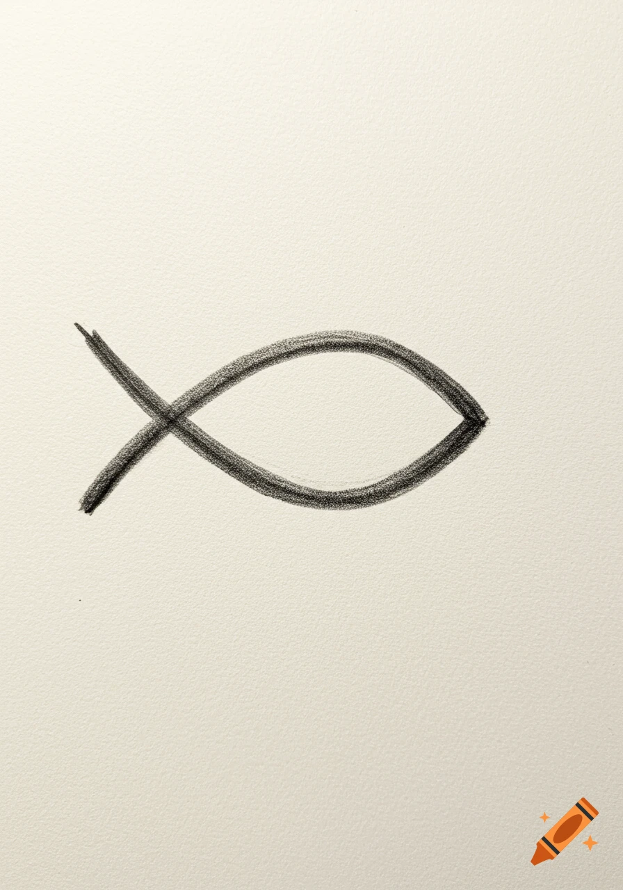 A simple hand-drawn sketch of the Christian fish symbol (Ichthys) in charcoal on textured off-white paper.