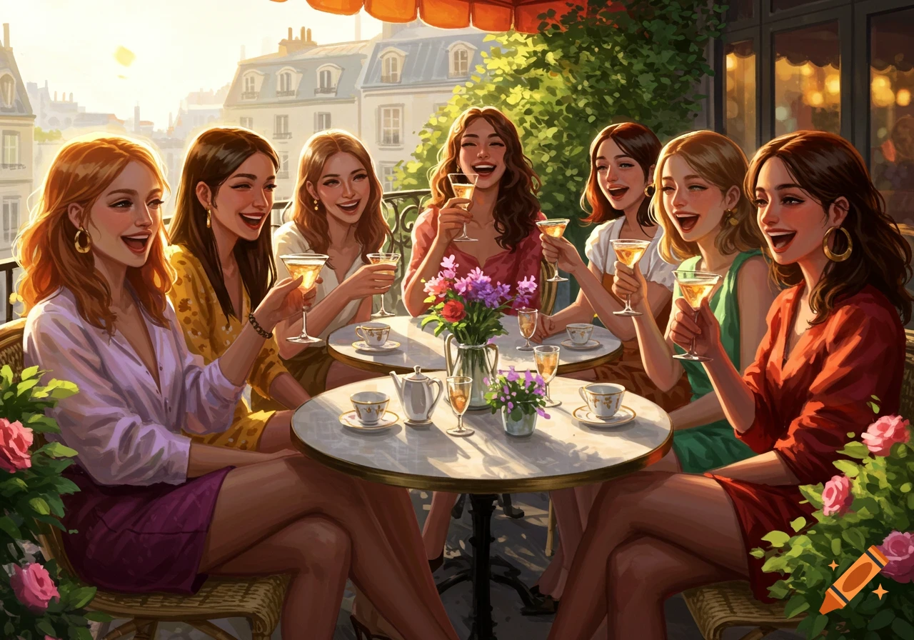 Six women laugh and clink glasses at outdoor cafe tables with a Parisian cityscape in the background, in a vibrant illustrative style.