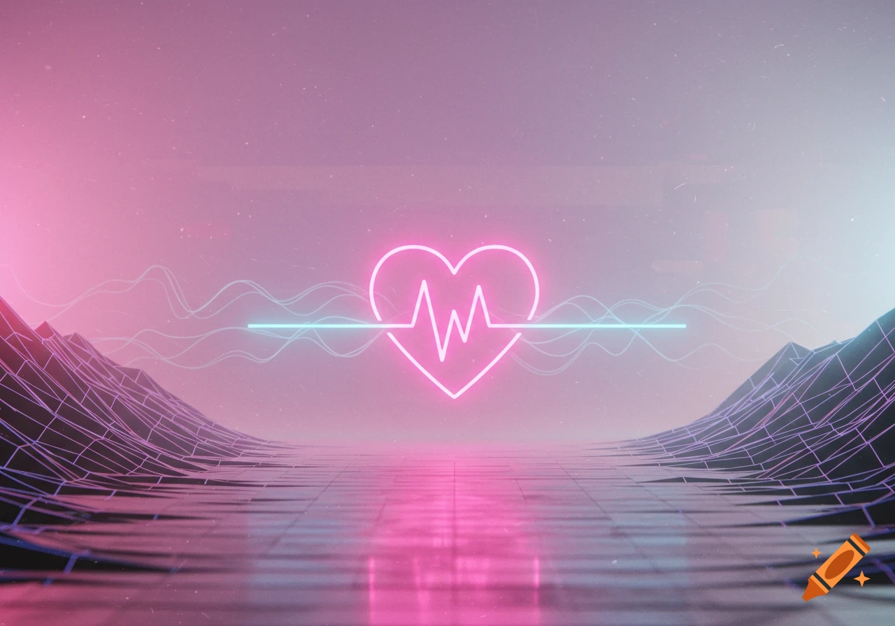 A neon pink heart with an ECG line against a gradient pink and blue sky, with wireframe mountains and a reflective grid ground in a vaporwave style.