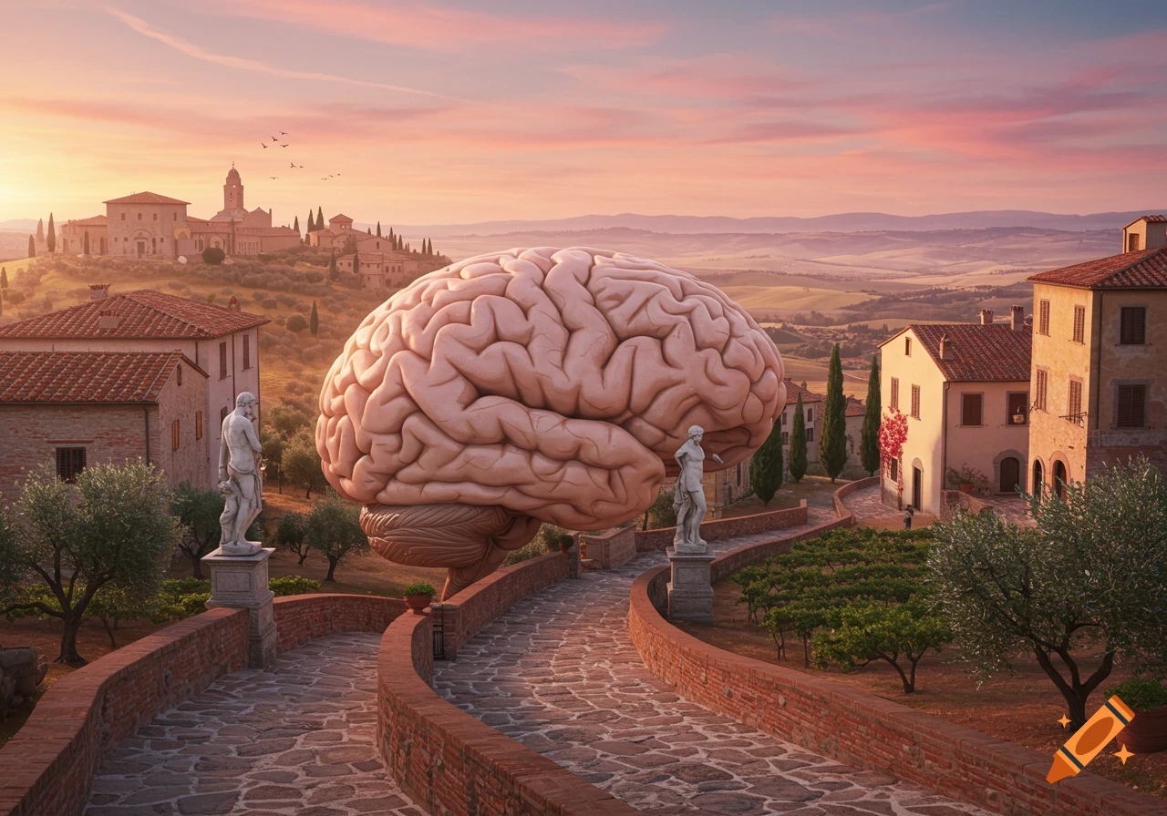 A colossal human brain rests in a picturesque Tuscan landscape with villas, vineyards, and a winding cobblestone path under a sunset sky.