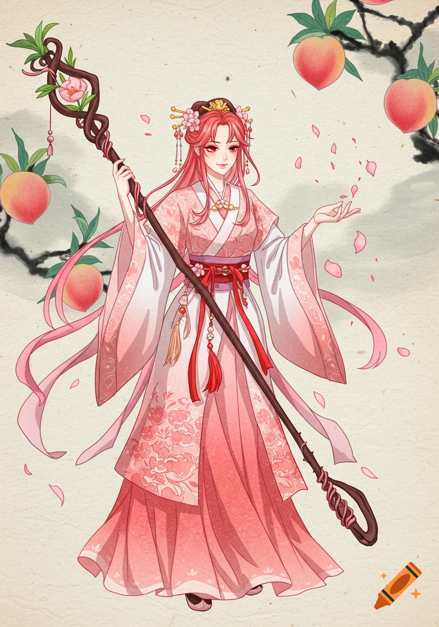 A pink-haired woman in a flowing pink Hanfu, holding a thorny staff, stands among falling petals and peaches in a Chinese guofeng anime style.