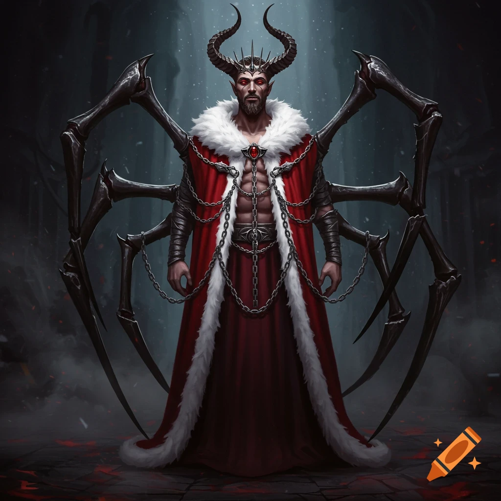 A dark fantasy depiction of a horned man with red eyes, a red fur-lined cape, chains, and six metallic spider legs.