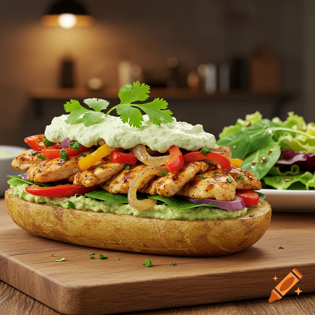 Photorealistic close-up of a chicken fajita sandwich with peppers, onions, avocado, and cilantro on a potato bun, on a wooden board.