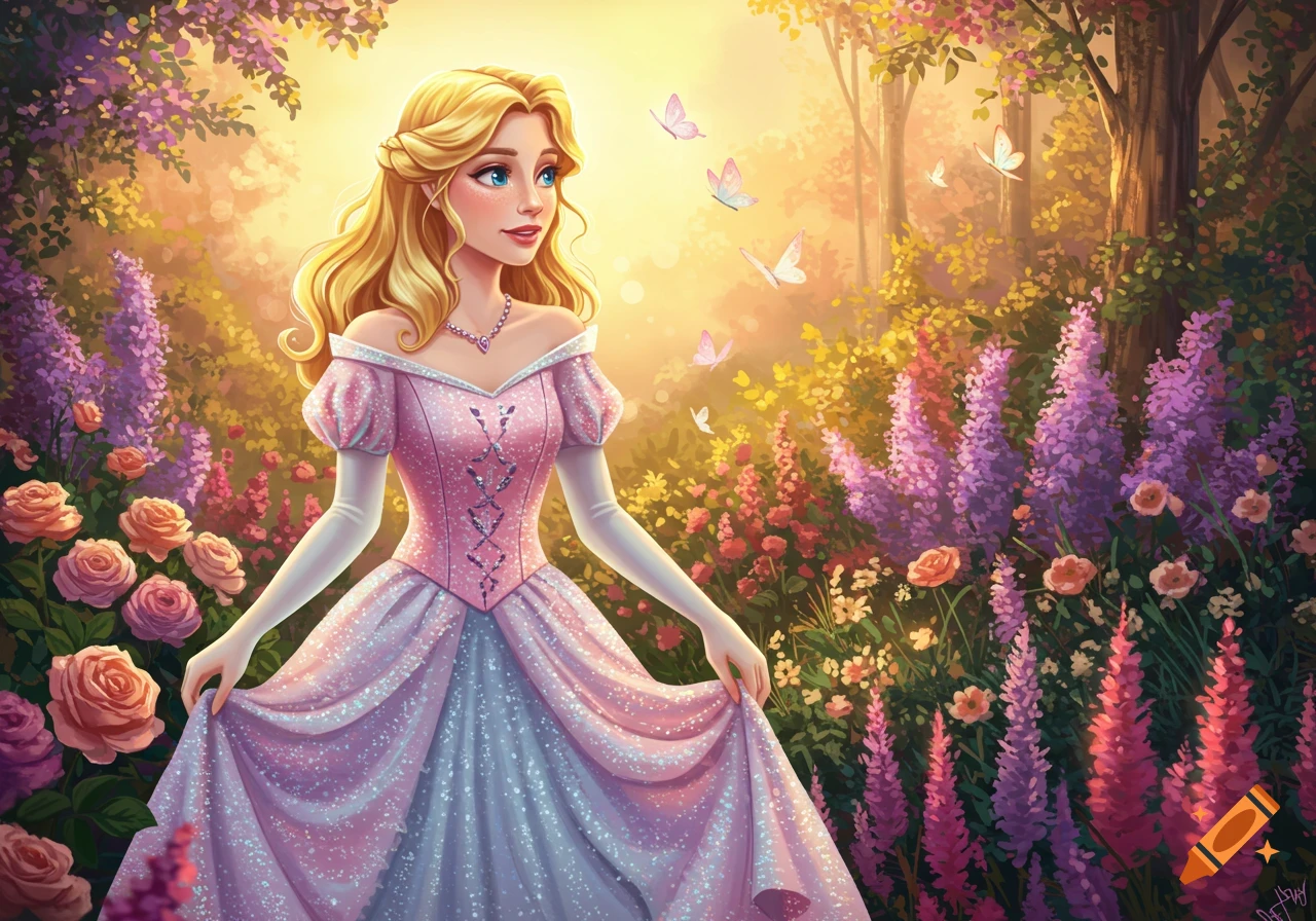 A blonde princess in a sparkling pink gown stands in a vibrant, sunlit enchanted garden with colorful flowers and butterflies.