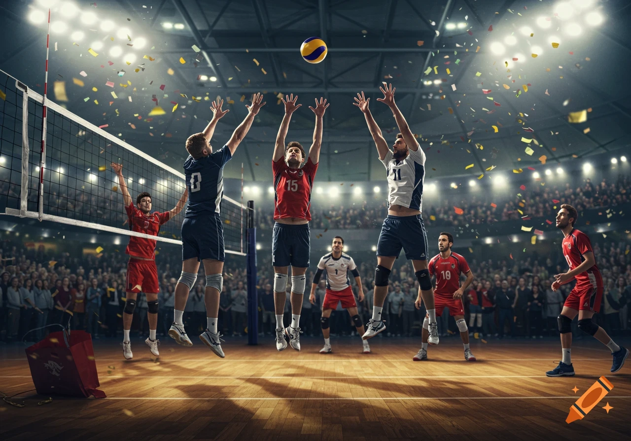 Dynamic shot of a volleyball game indoors with players jumping to hit the ball and confetti falling from the ceiling.