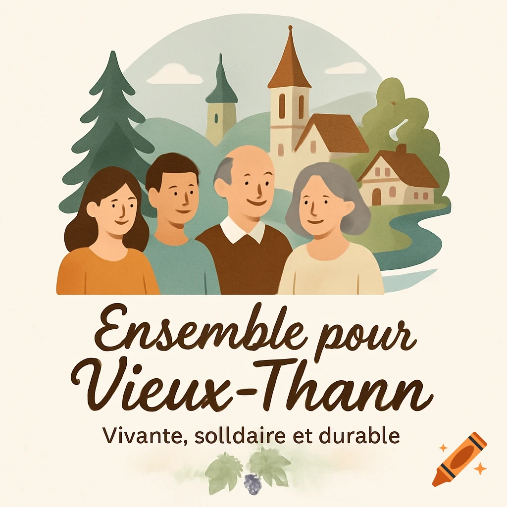 Stylized illustration of four people and a village with text 'Ensemble pour Vieux-Thann' and 'Vivante, solidaire et durable'.