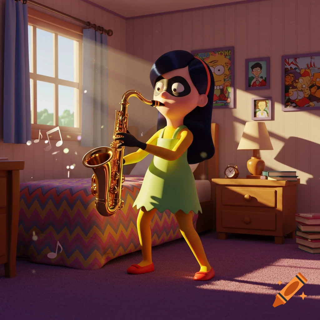 A 3D animated Violet from The Incredibles, dressed like Lisa Simpson, plays a golden saxophone in a sunlit bedroom.