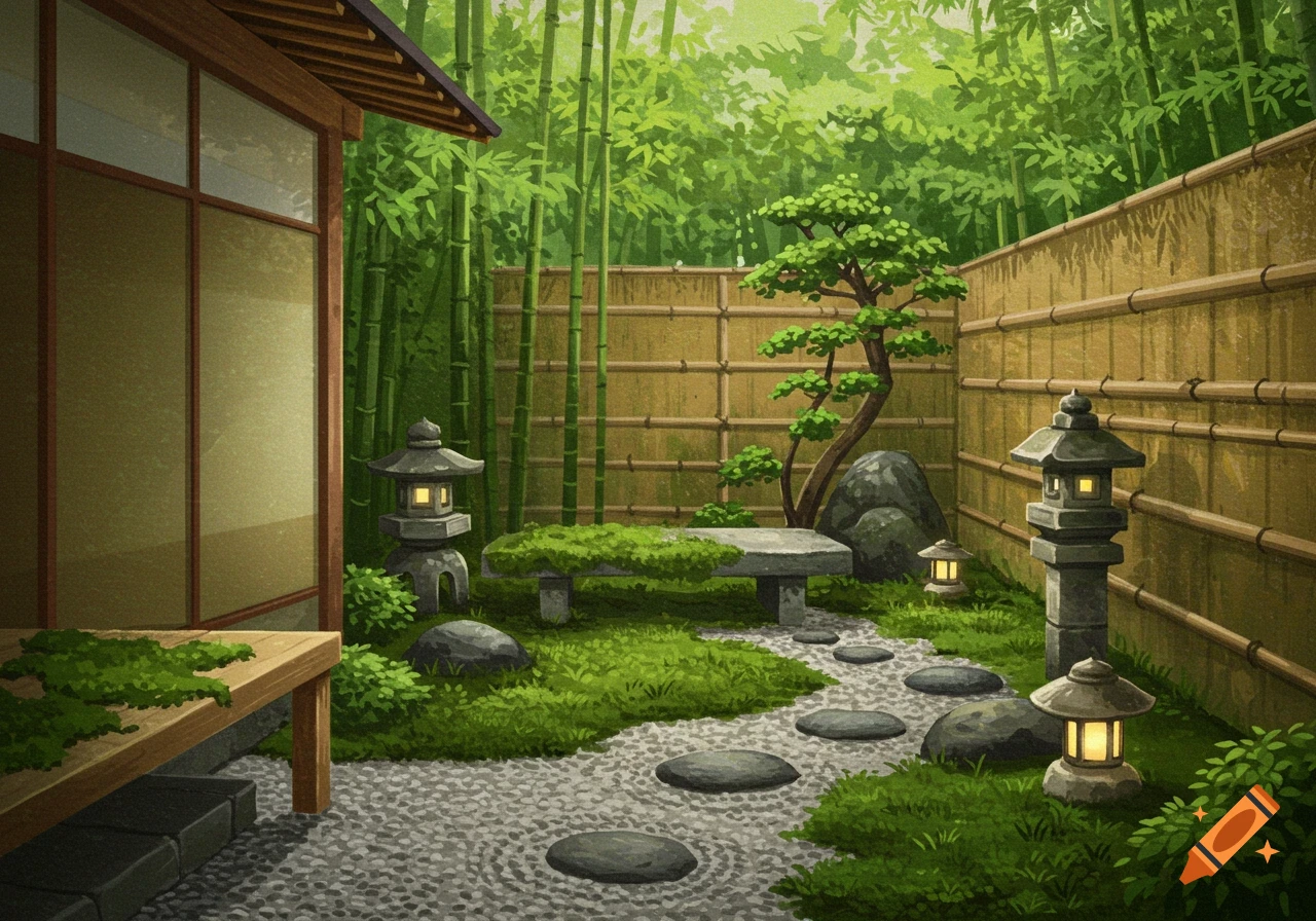 A serene Japanese garden with a traditional wooden house, tall bamboo, stone lanterns, a mossy stone bench, and a gravel path with stepping stones.