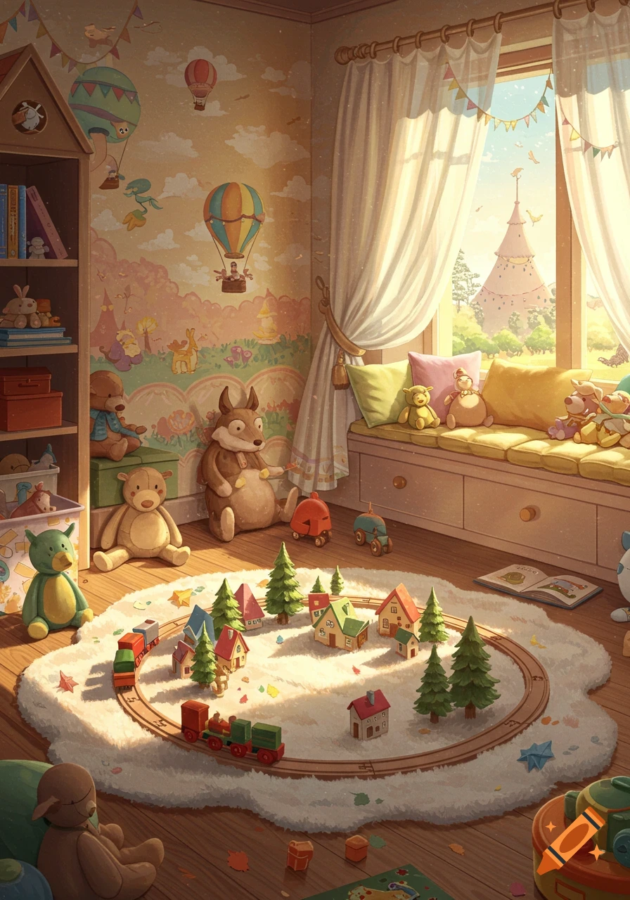 A sunny, cozy children's room with a train set on a fluffy rug, various stuffed animals, a window seat, and illustrated wallpaper.
