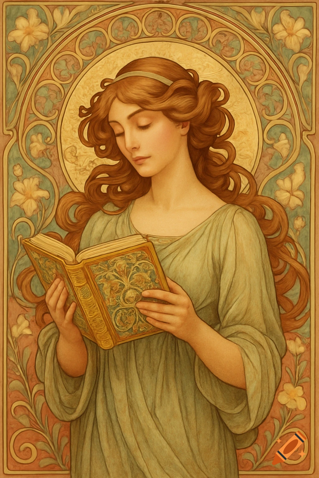 A woman with long flowing hair, dressed in a flowing gown, reads an ornate book in an Art Nouveau style painting.