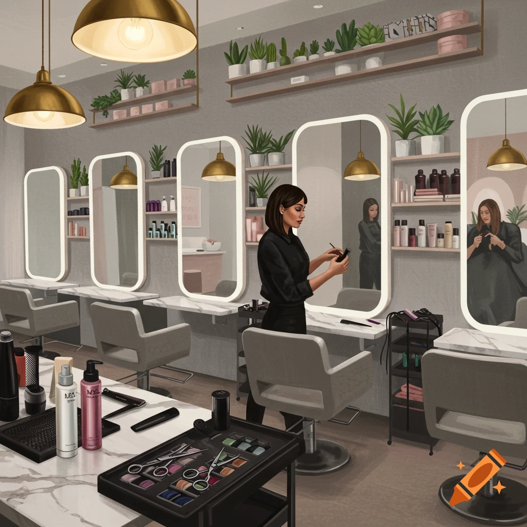 A hairdresser stands in a modern hair salon, holding a brush while a client is visible in a mirror reflection. The salon features multiple stations with chairs, large mirrors, and shelves stocked with products.
