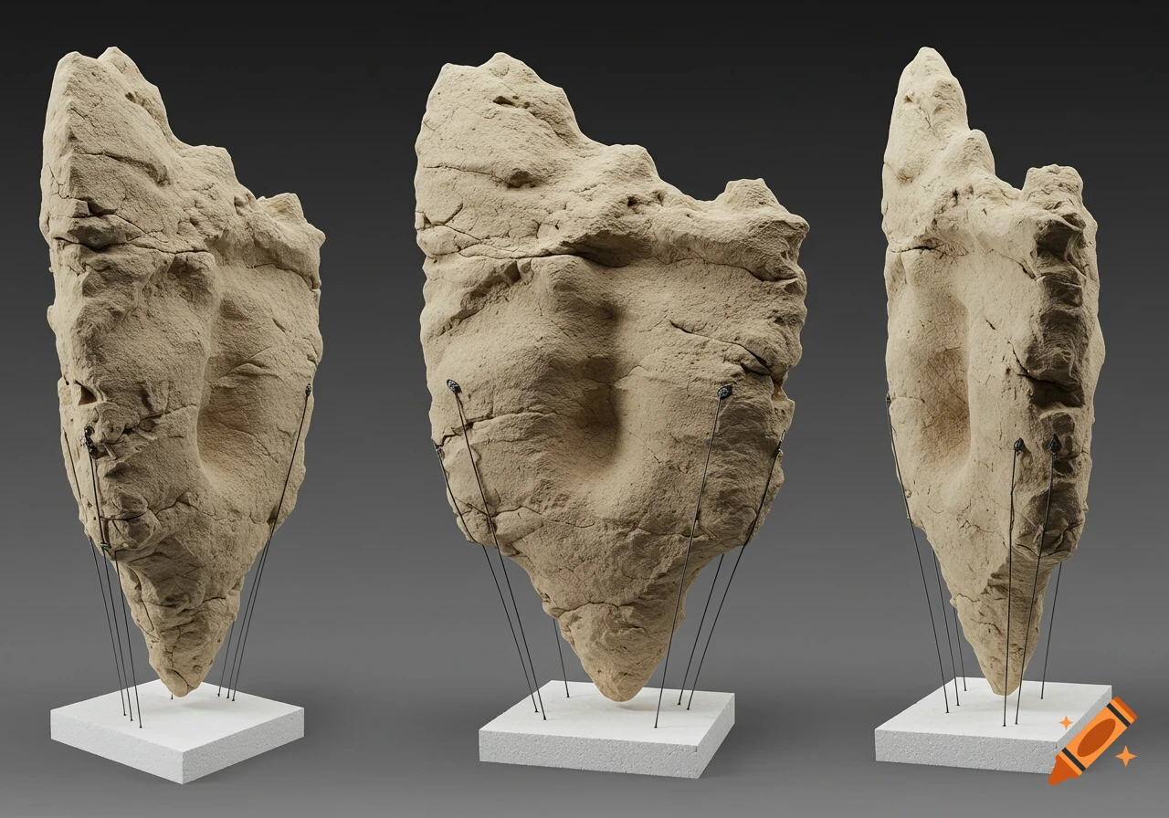 Three photorealistic views of an abstract beige rock-like sculpture with rough texture, suspended by thin wires on white bases.
