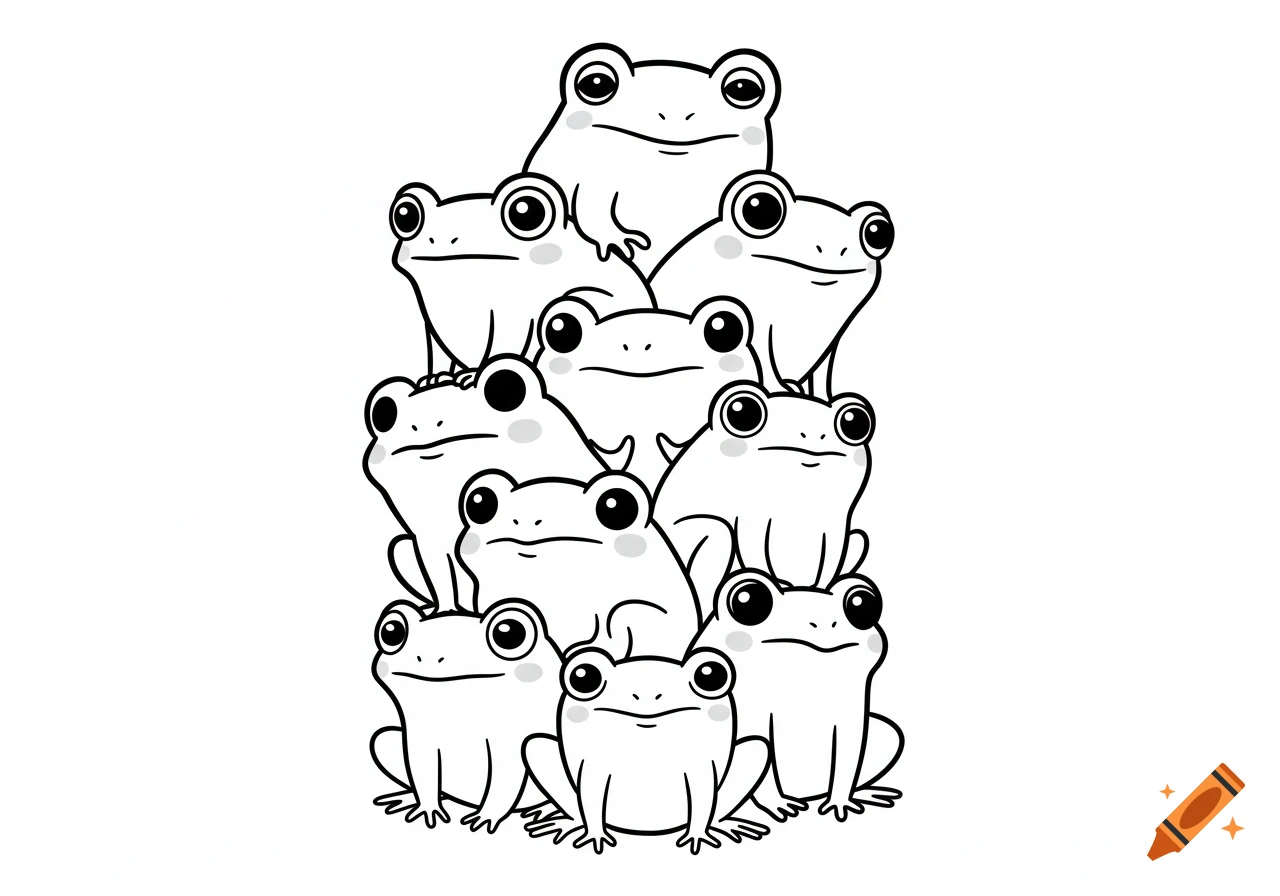 Black and white outline drawing of eleven cute cartoon frogs stacked in a pyramid shape.