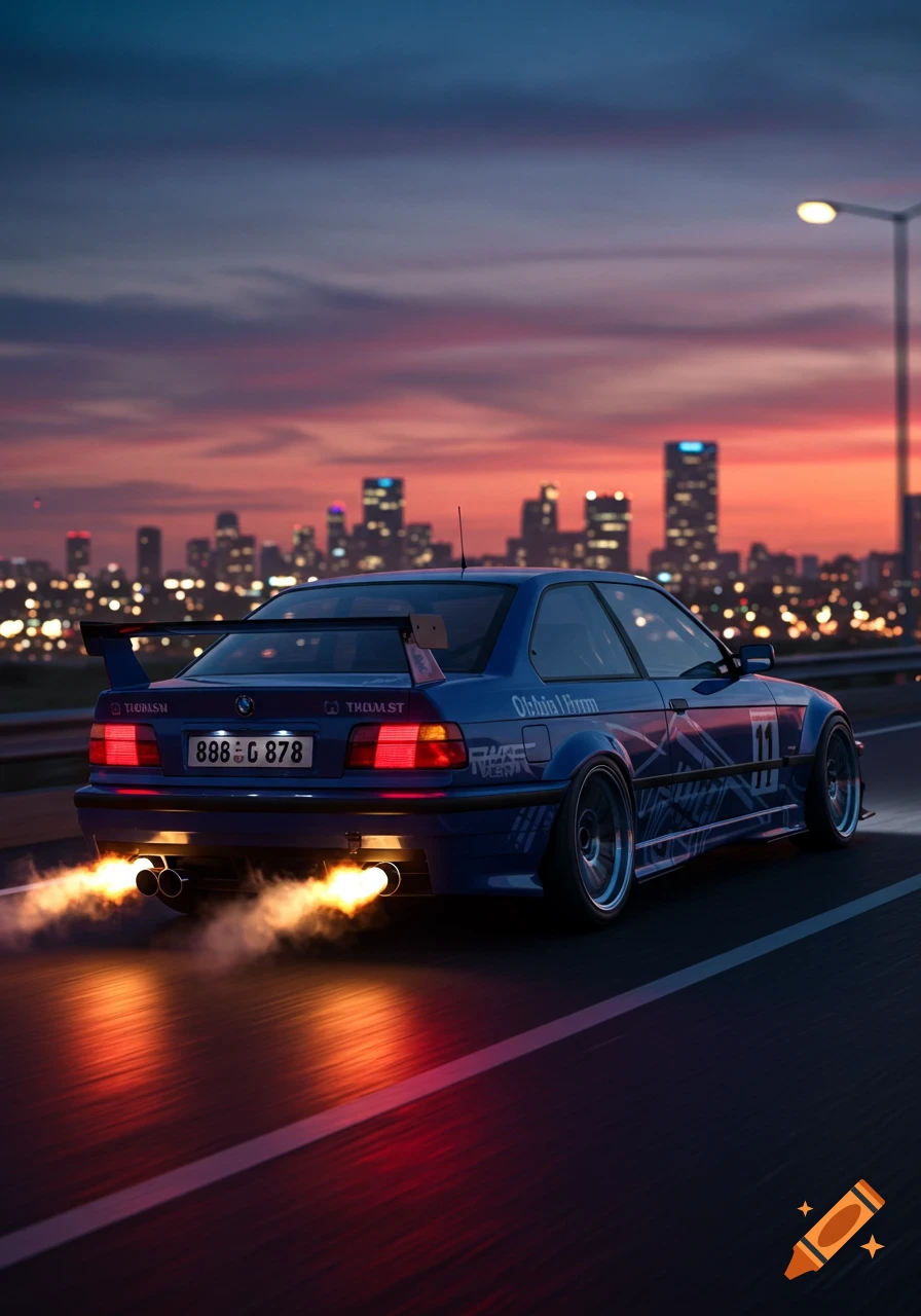 Blue BMW E36 sports car with flames from its exhaust drives on a highway against a sunset city skyline, photorealistic.