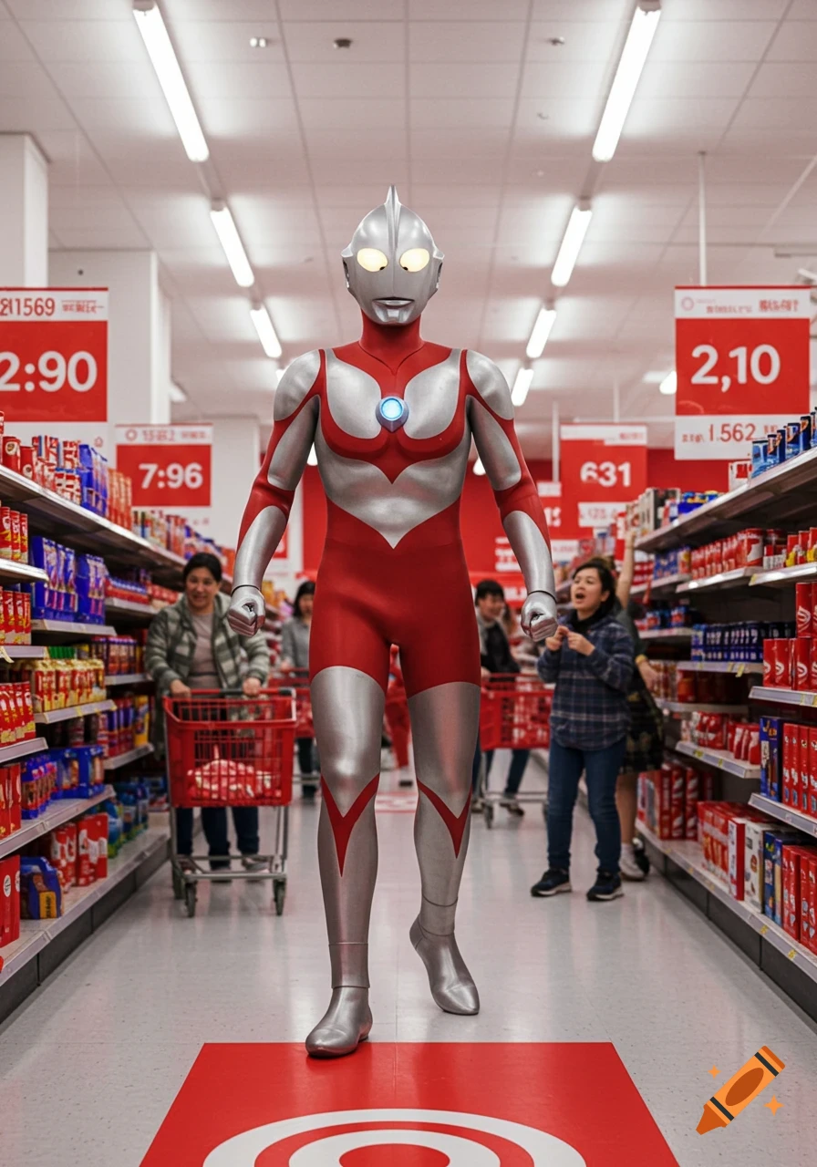 Ultraman in a red and silver suit stands in the middle of a Target supermarket aisle, with shoppers and shelves of products in the background.