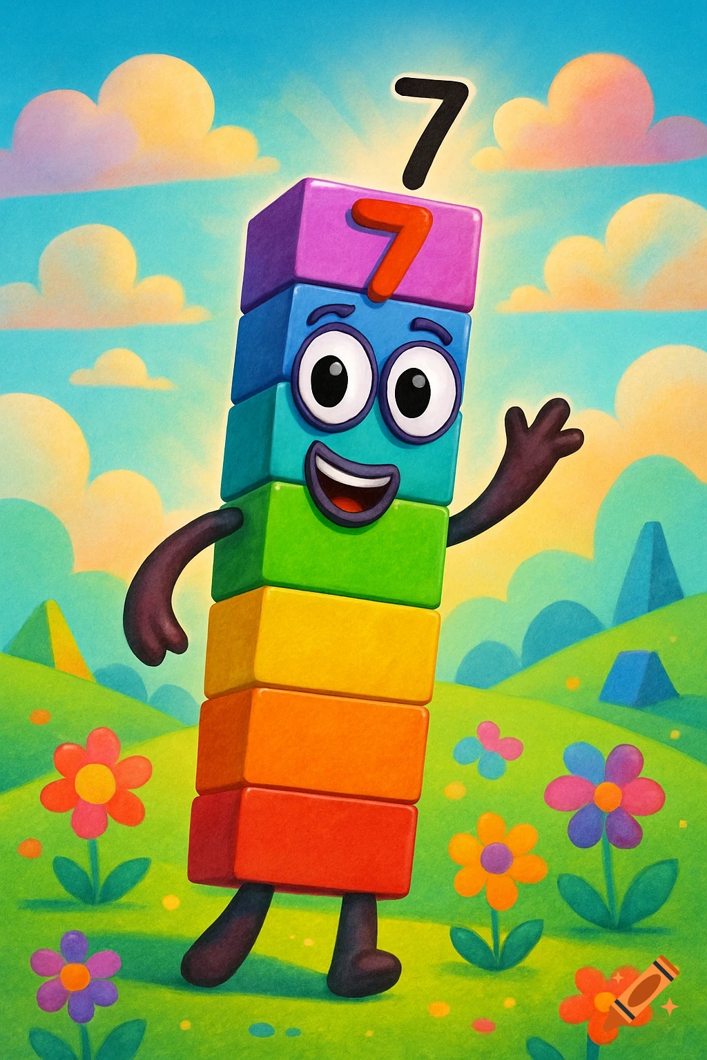 A smiling cartoon character made of seven colorful blocks, with the number 7, waves in a sunny, green field with flowers.