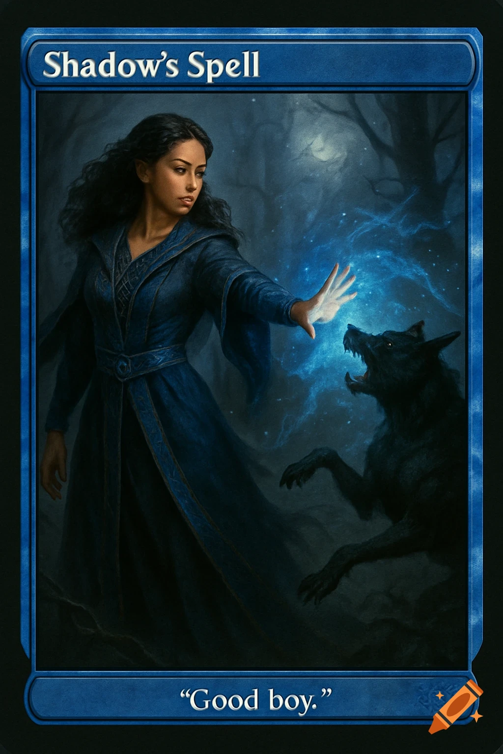 A fantasy card depicting a sorceress in a blue robe casting a glowing blue spell at a growling black wolf-like creature in a dark forest. The card is titled "Shadow's Spell" and has a quote "Good boy."