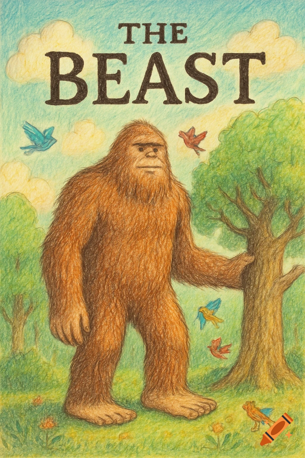 A colorful pencil crayon illustration of Bigfoot standing by a tree under the title 'THE BEAST', with birds and clouds.