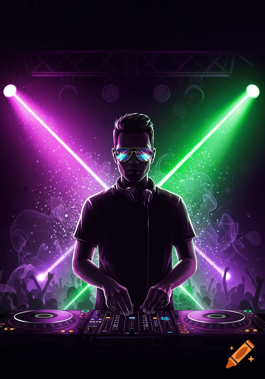 Stylized illustration of a DJ with headphones and sunglasses mixing music at a vibrant club with purple and green laser lights and a crowd.