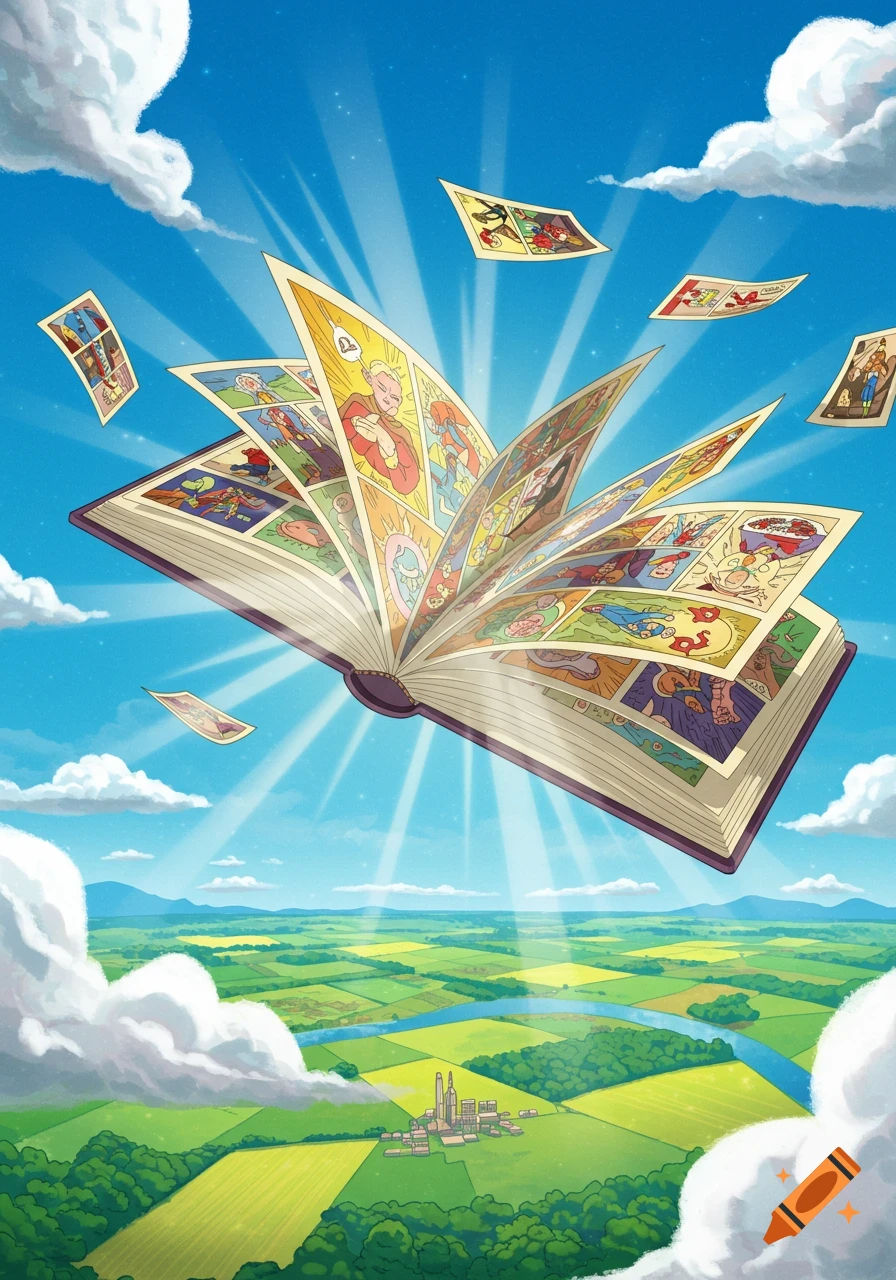 A large open book floats above a green landscape, with comic book pages bursting out into a bright blue sky. Colorful cartoon illustration.