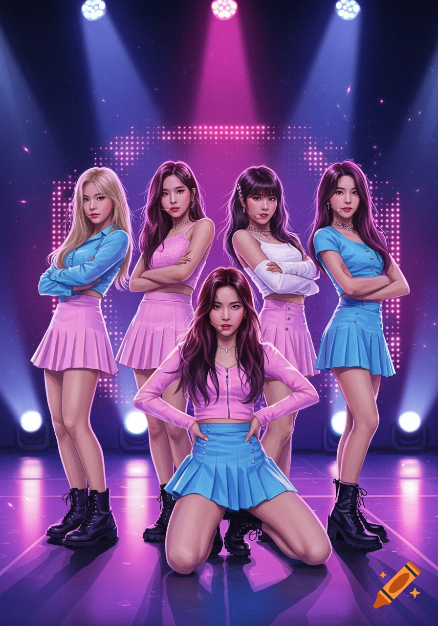 Five stylized women in pastel pink and blue outfits posing on a stage with purple and blue lights.