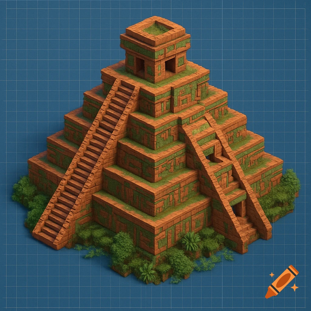 Isometric voxel art of a Mayan temple in Minecraft style, rendered on a blue grid blueprint background.