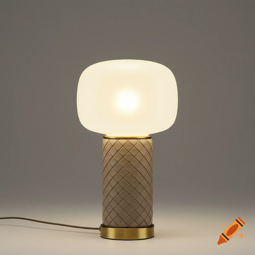 A photorealistic luxury table lamp with a frosted glass shade, a beige woven-textured base, and brushed brass accents.
