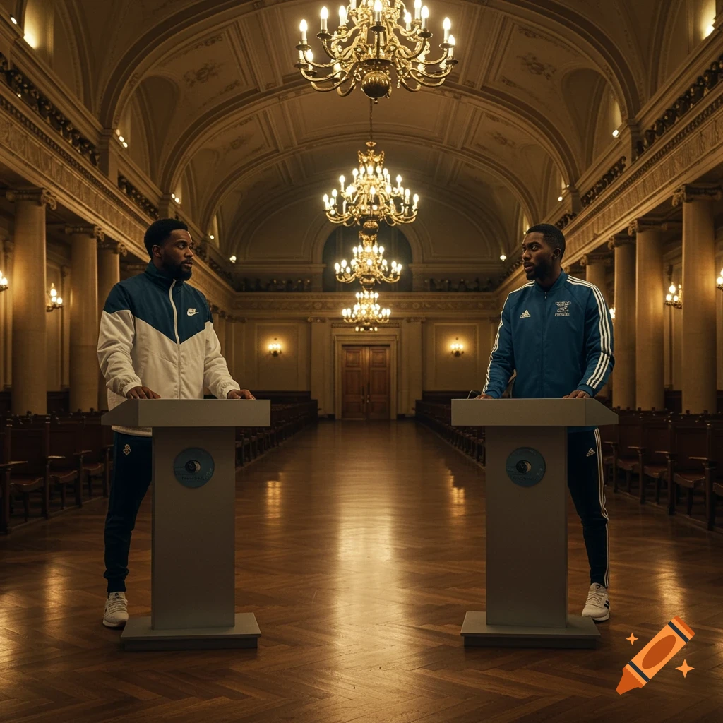 Two men stand behind podiums in a grand, ornate debate hall with chandeliers, one in a Nike jacket and the other in an Adidas jacket.