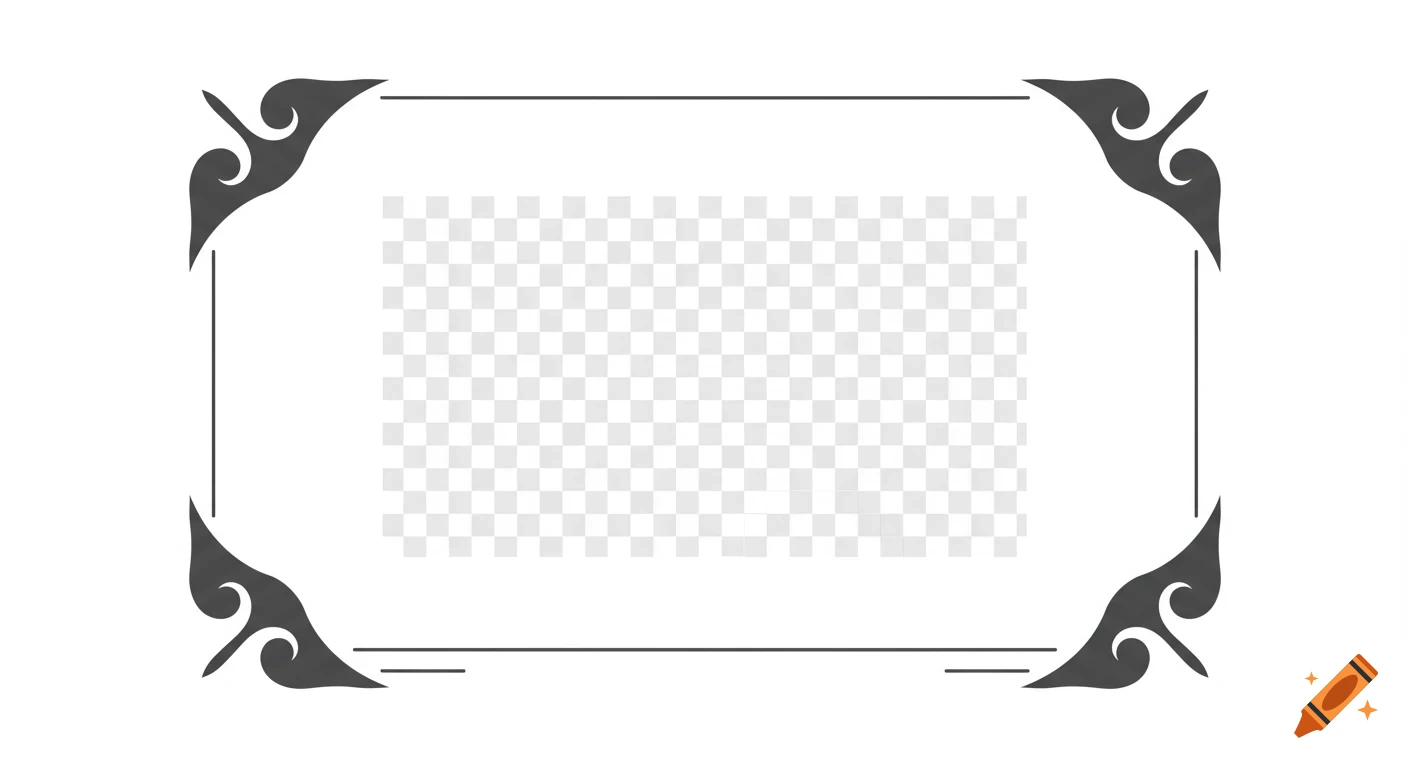 A black rectangular frame overlay with decorative swirling corner elements and a transparent checkerboard center.
