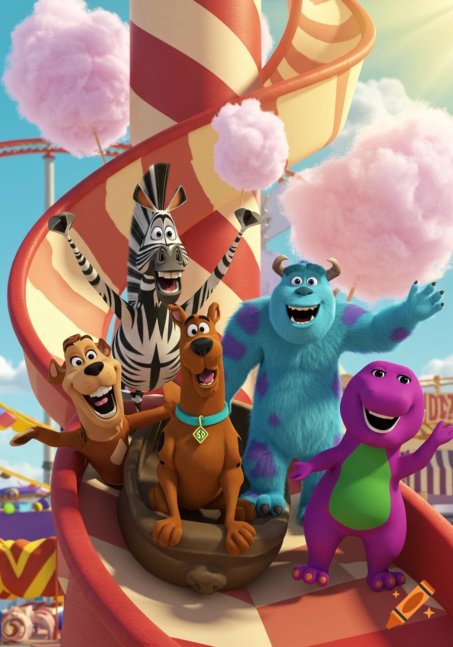 Marty the zebra, Scooby Doo, Sully, and Barney slide down a colorful helter skelter, arms raised, in a 3D animated style.