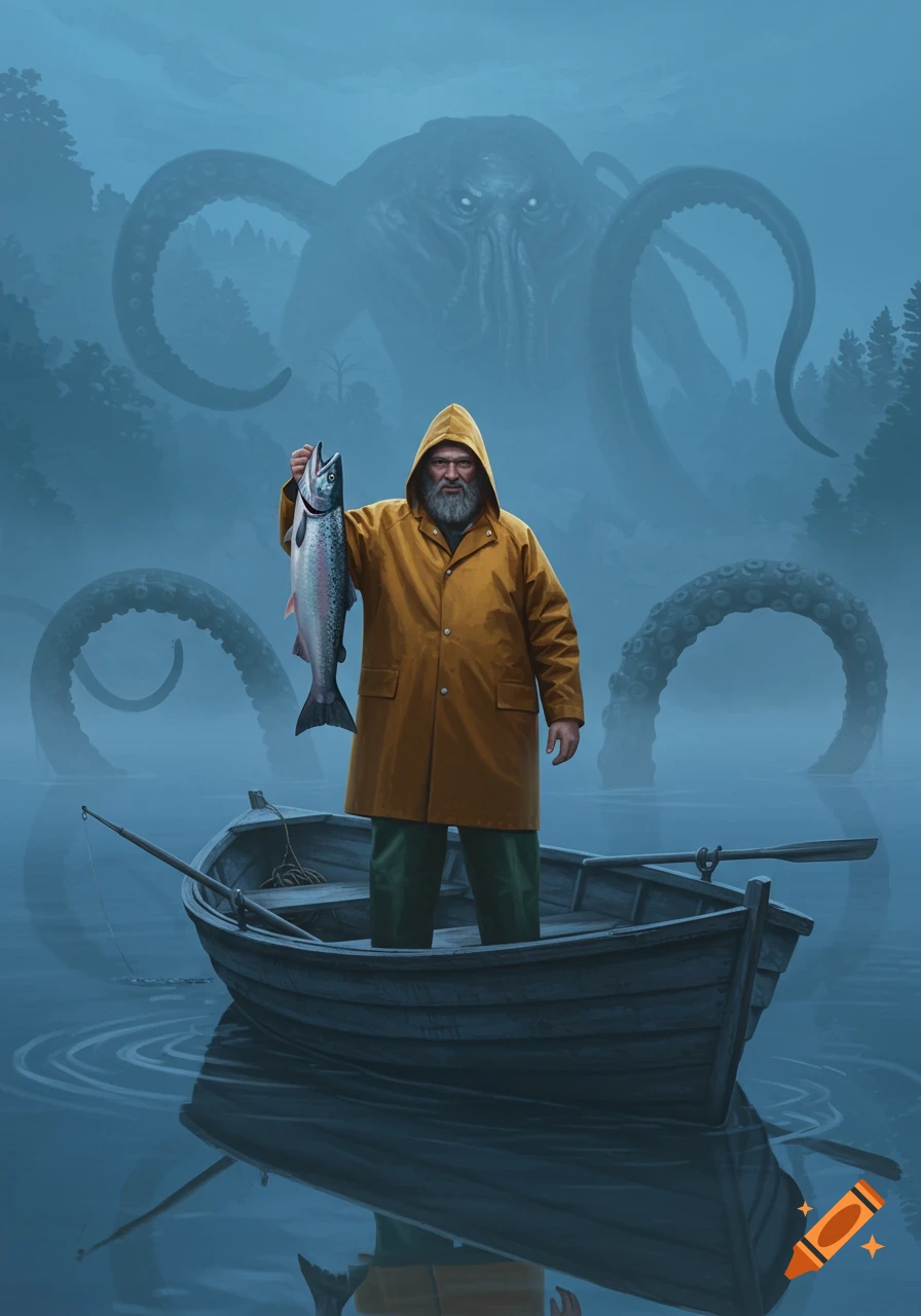 A bearded fisherman in a yellow slicker holds a fish in a rowboat on a misty lake, with a large, tentacled monster in the background.