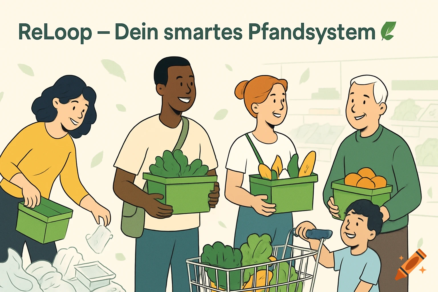 Flat design illustration of diverse people shopping with reusable green boxes for a deposit system, promoting sustainability.