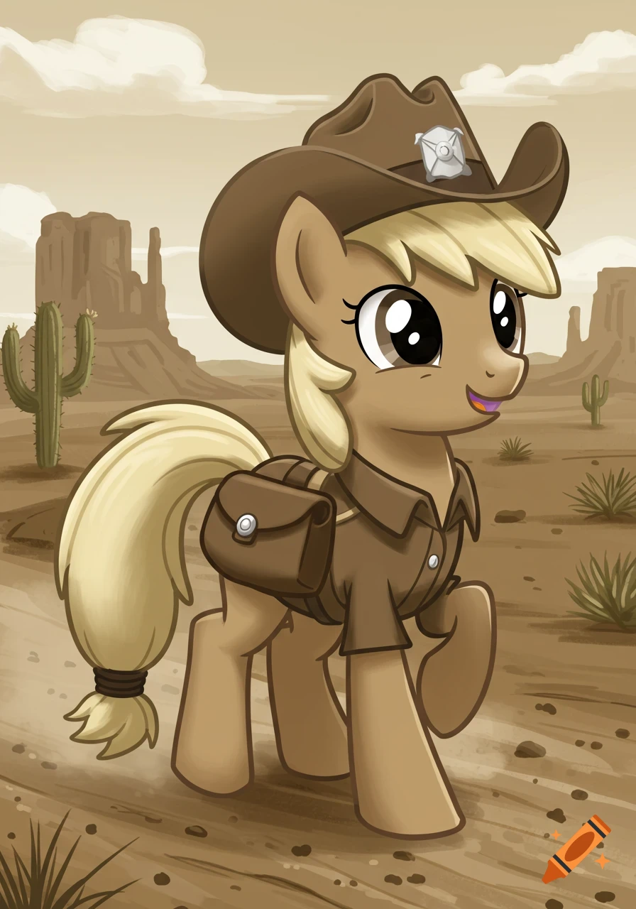 A cartoon pony dressed as a mailman wearing a cowboy hat and satchel, standing in a desert landscape with cacti and mesas.