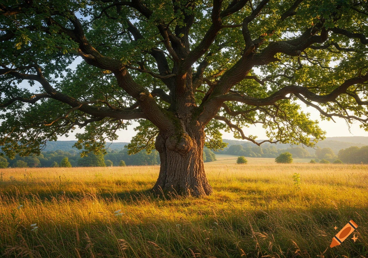 A large, old oak tree with green leaves stands in a golden, sunlit field with rolling hills in the background at sunset.