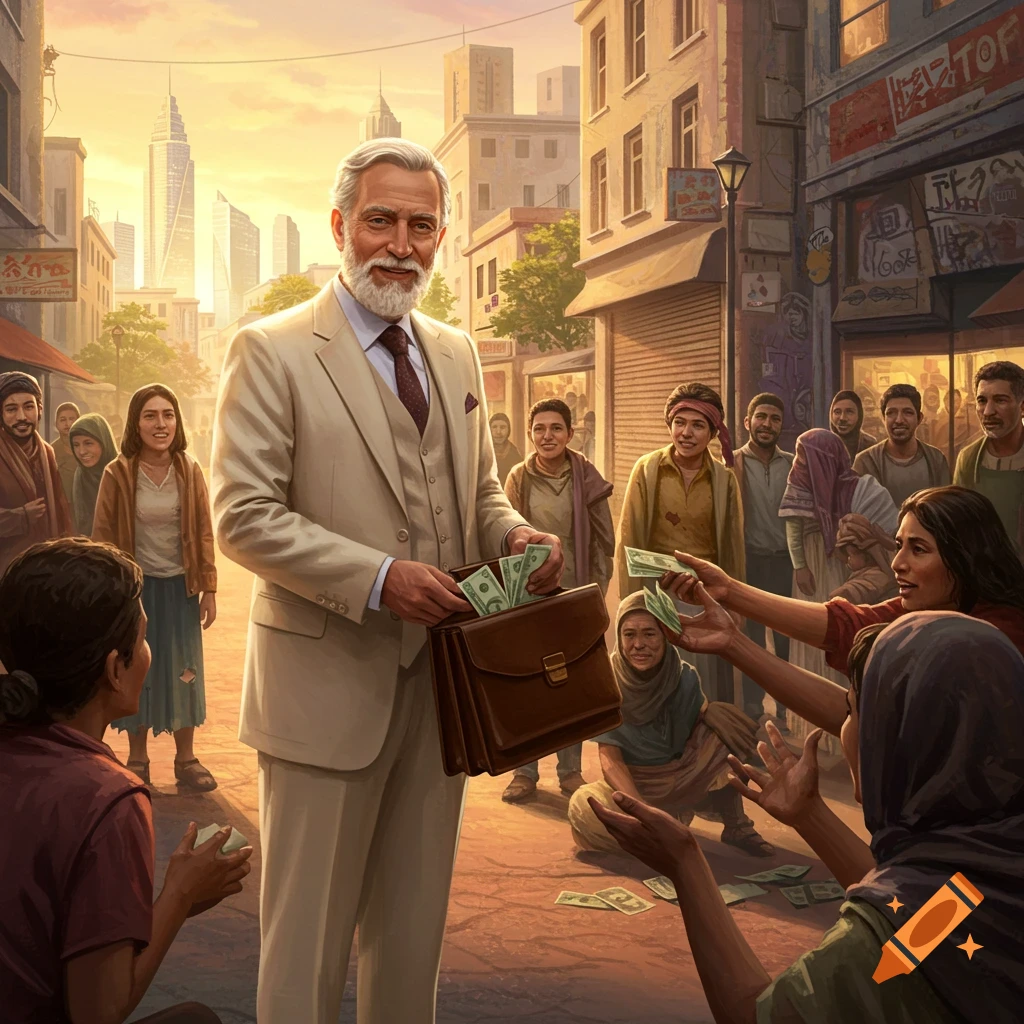 A well-dressed man in a suit distributes money from a briefcase to several people on a bustling street, with city buildings under a bright sky.