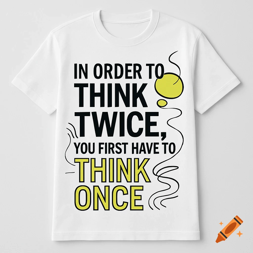White t-shirt with the quote "In order to think twice, you first have to think once" in black and yellow text.