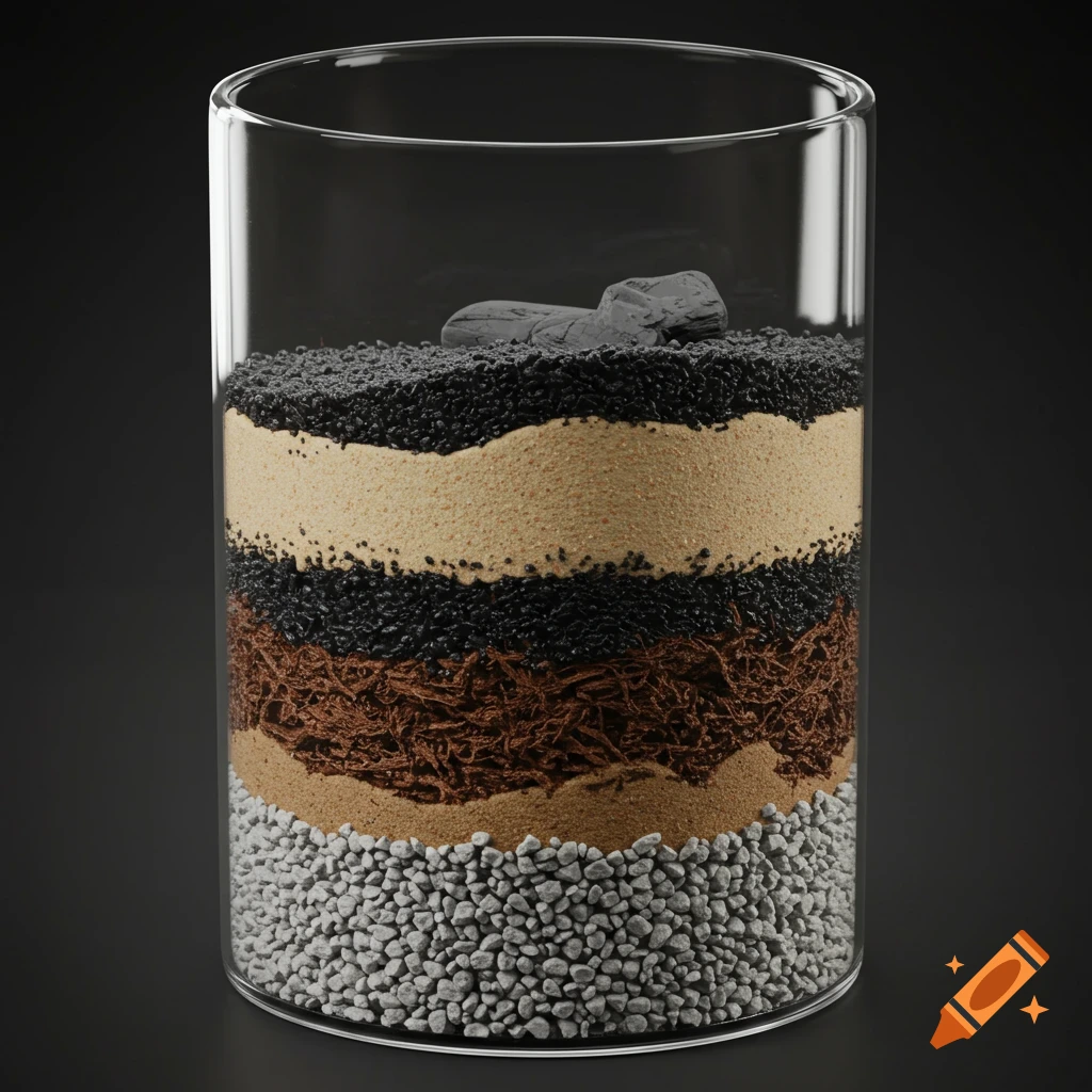 Close-up photorealistic side view of a cylindrical glass terrarium showing multiple layers of substrate including gravel, brown fibers, black granules, and sand.