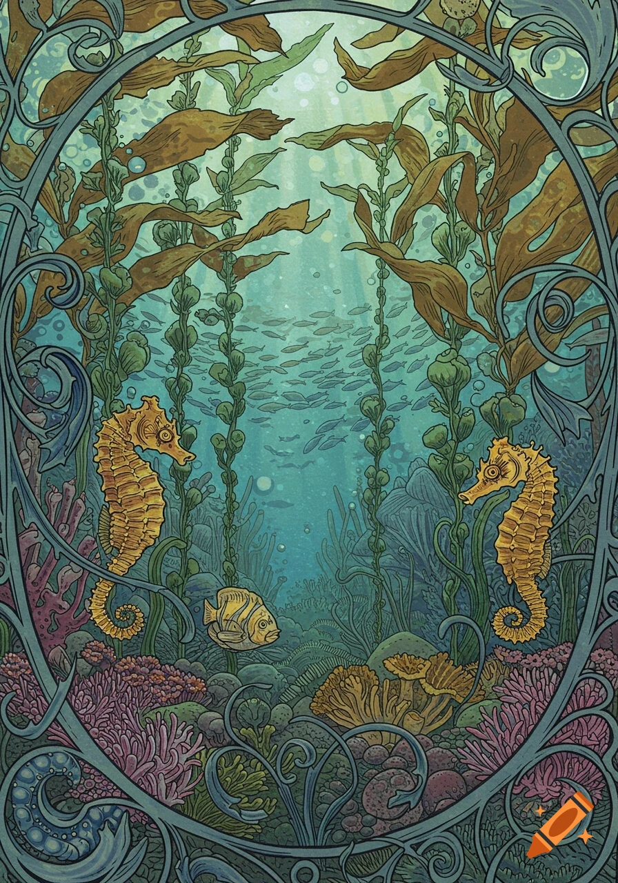 Art Nouveau style linocut illustration of an underwater scene with seahorses, fish, coral, and kelp.