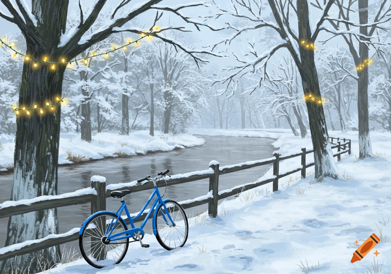 A blue bicycle leans against a snow-covered wooden fence by a river in a winter forest with string lights.