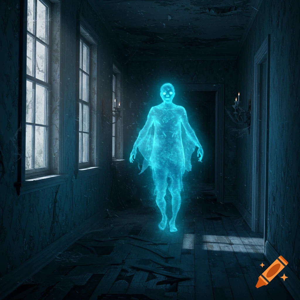 A glowing blue ghost stands in a dark, dilapidated hallway of a haunted house, illuminated by light from windows and candlelight.