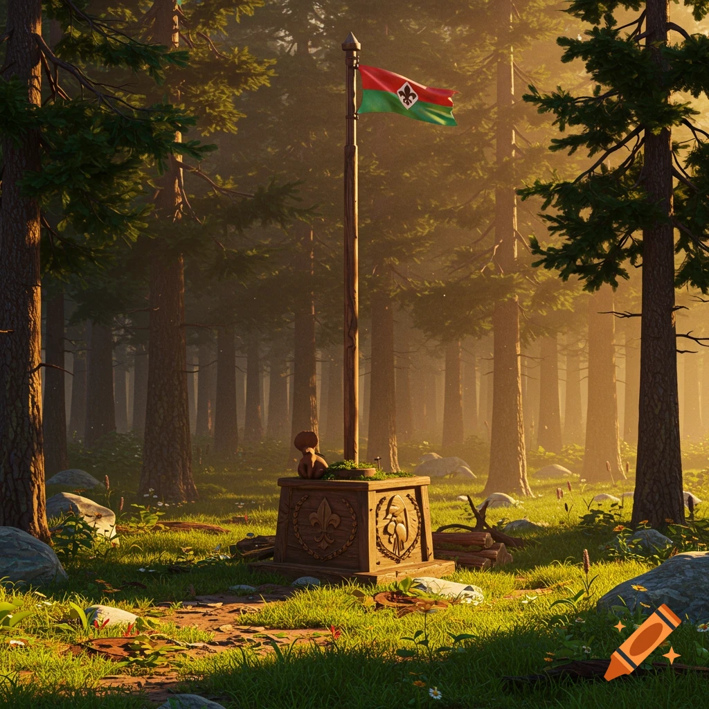 A flag pole with a red and green flag featuring a fleur-de-lis symbol in a sun-dappled forest clearing with lush grass.